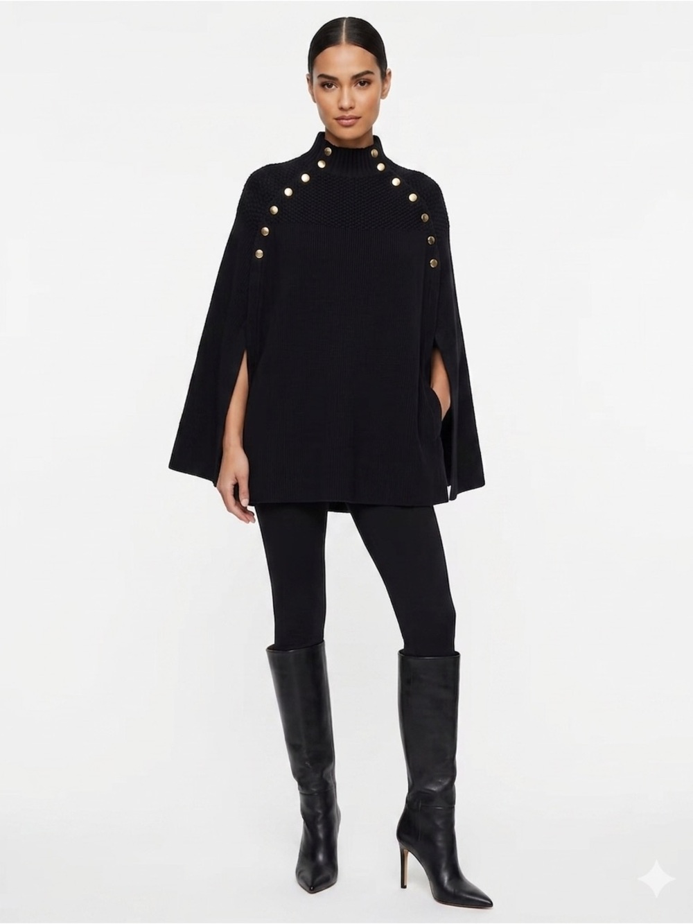 G.I.L.I. Sweater Cape Military Ribbed Knit Poncho Black Gold Buttons M/L Classy